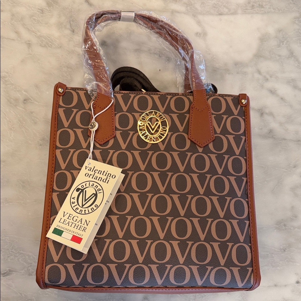 Valentino Orlandi Brown & Tan Logo Print Vegan Leather Tote